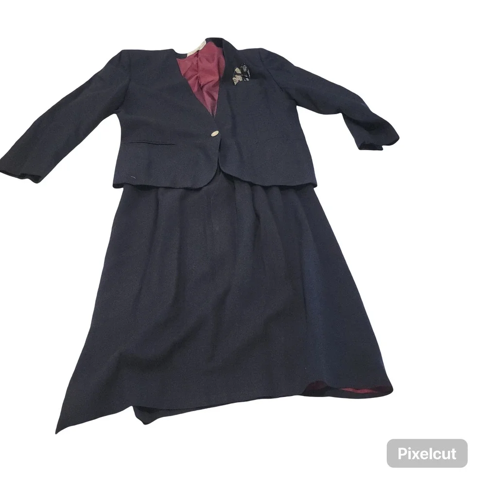 Vintage Jones New York Skirt Suit Womens 14 Navy Blue Lined 2 Piece USA Workwear